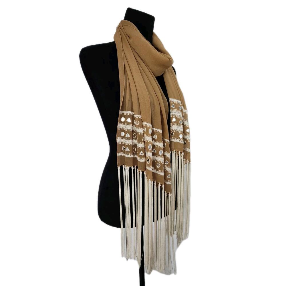 Large Rectangular Nude Chiffon Scarf Embroidered With Fringes & Mirrors - Picture 2 of 4